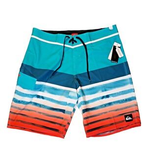 Quicksilver Shorts Mens Size 36 Blue Orange Stripe Swim Trunks Board Surfing